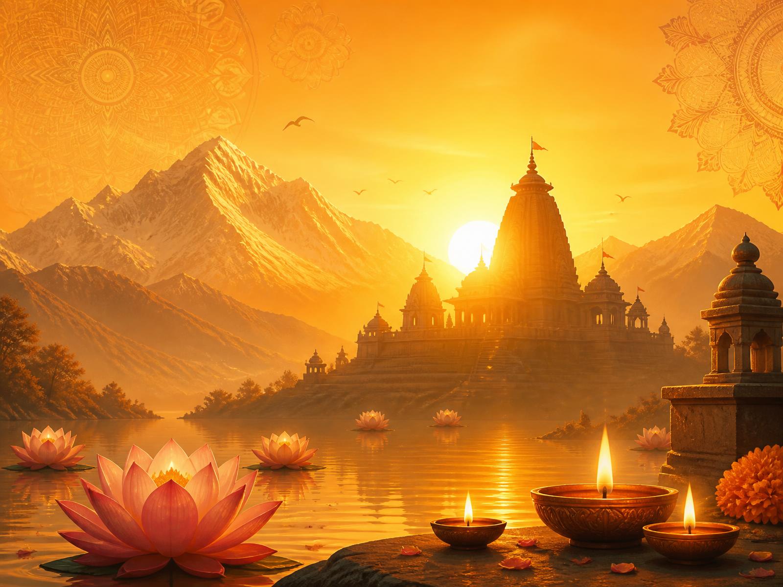 Golden sunrise over a Himalayan temple with lotus flowers and diya lamps
